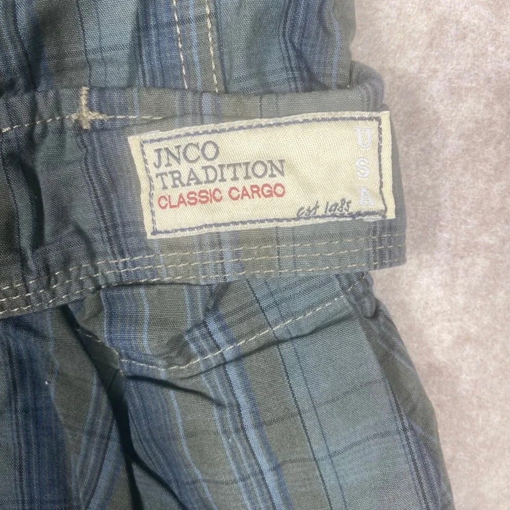 JNCO Tradition Classic Cargo Shorts Mens 34* Blue Green Plaid Cotton Grunge Y2K